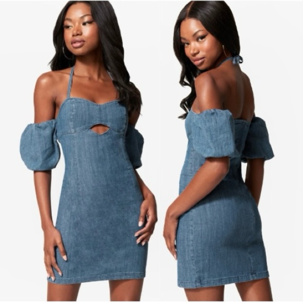 Bebe Off Shoulder Bubble Sleeve Denim Dress
